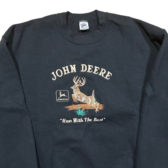 Vintage 80s John Deere Embroidered Black Crewneck Sweatshirt Jerzees L - Picture 2 of 4